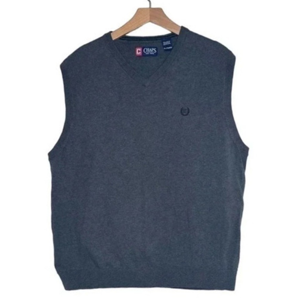 Chaps Sweater Vest XL Gray V-Neck 100% Cotton Logo Sleeveless Pullover